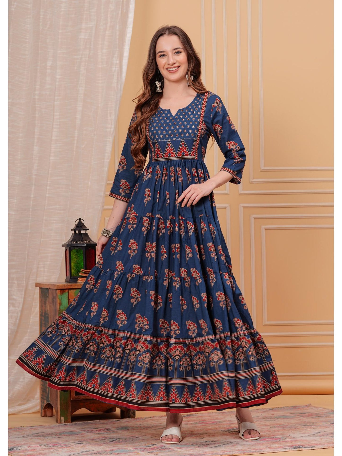 Women Cotton Sequins Printed Round Neck Three Fourth Sleeves Flared Maxi Dress