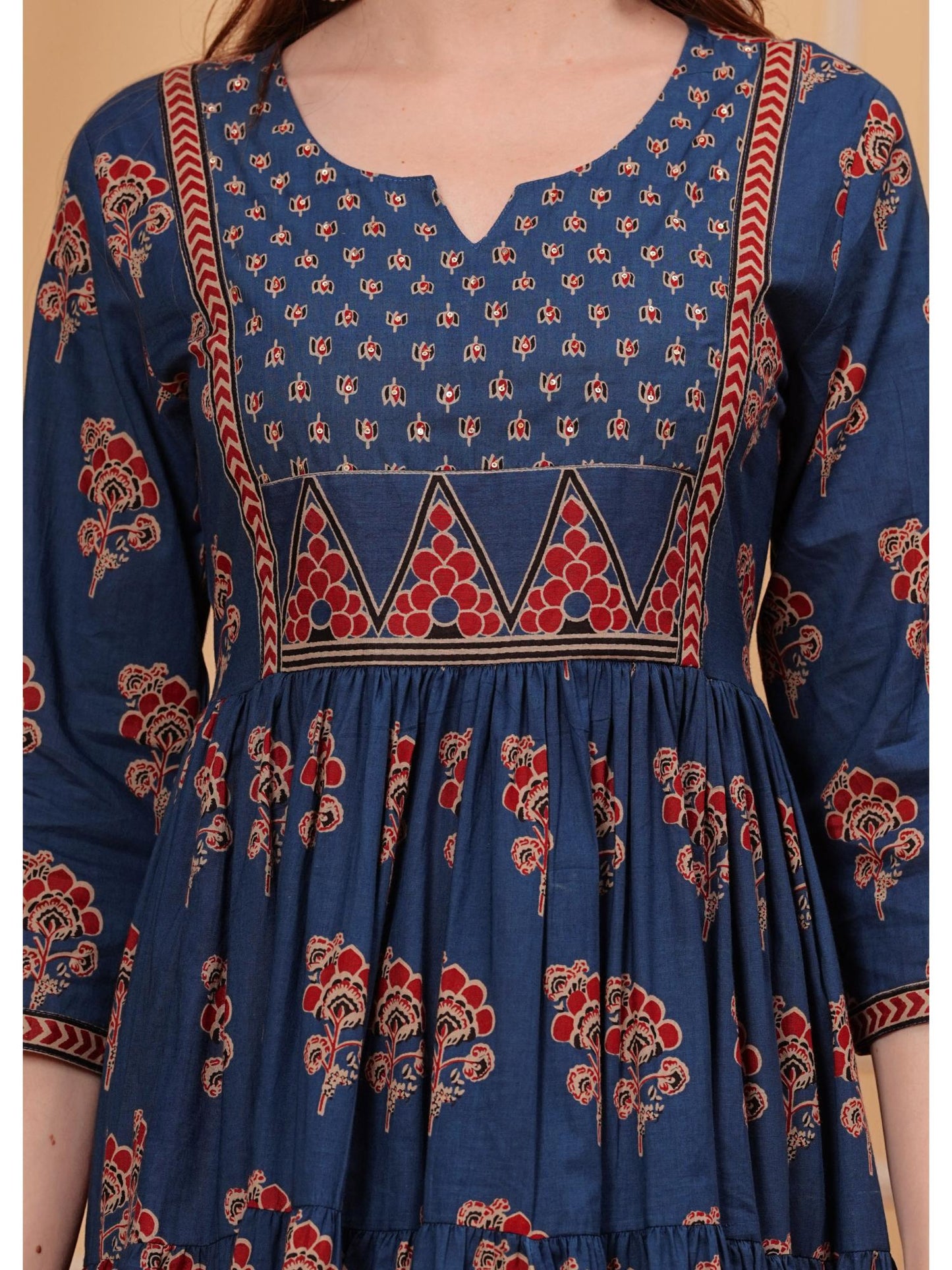 Women Cotton Sequins Printed Round Neck Three Fourth Sleeves Flared Maxi Dress