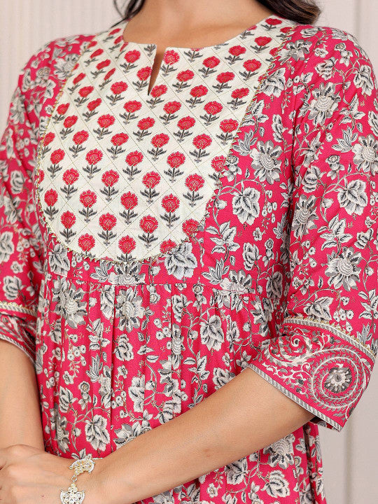 GULAB CHAND TRENDS Floral Printed Notch Neck Cotton Fit & Flare Midi Ethnic Dress