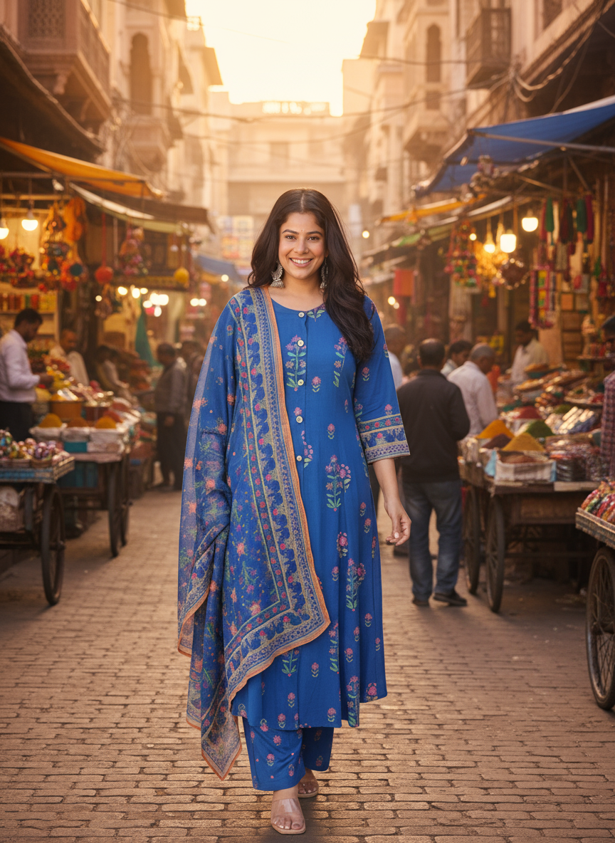Viscose Butta Flared Blue Kurta