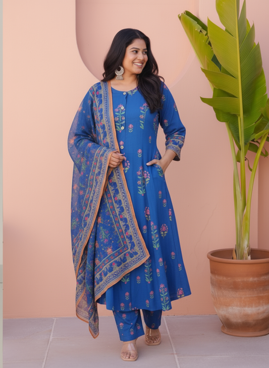 Viscose Butta Flared Blue Kurta