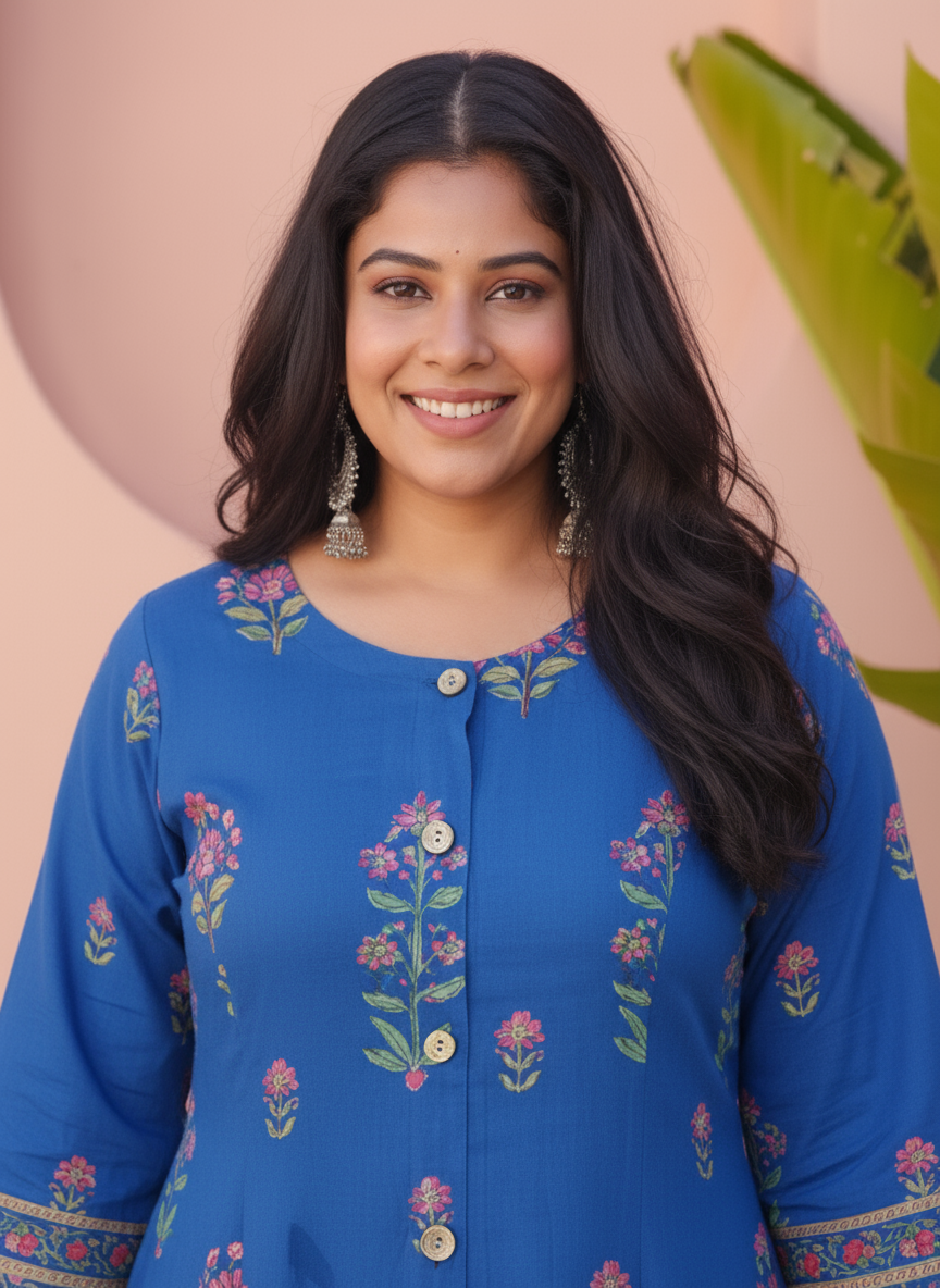 Viscose Butta Flared Blue Kurta