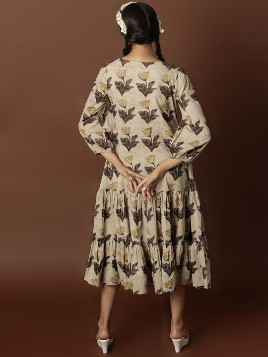 BLACK & BLAH BLAH Ajrak Handblock Printed Relaxed Fit Cotton Flared Maxi Ethnic Dress