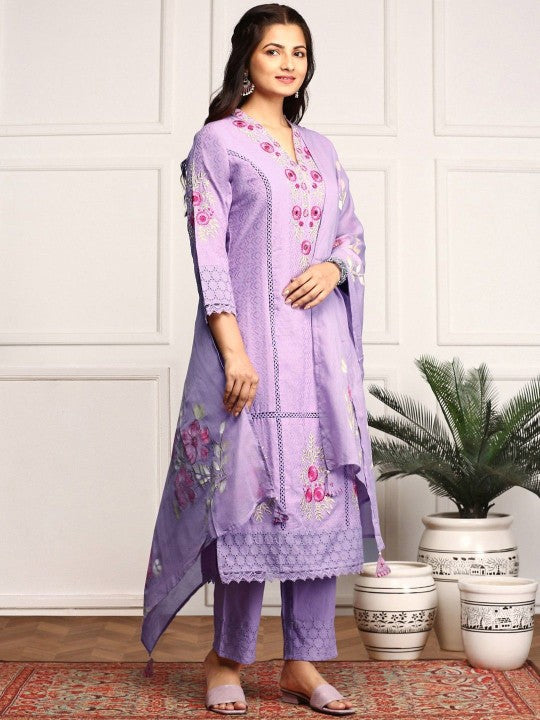 Ishin Floral Embroidered Mirror Work Pure Cotton Kurta With Trousers & Dupatta