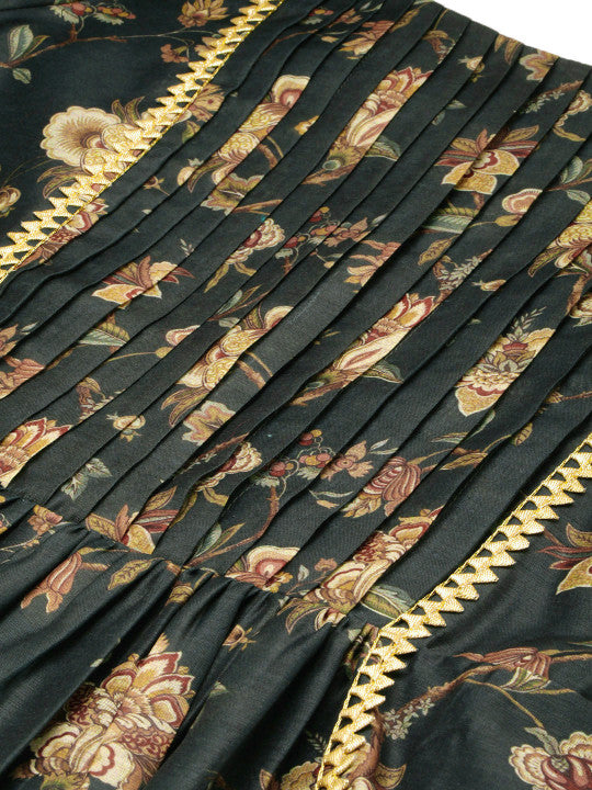 Ethnovog Green  Golden Floral Satin Made To Measure Maxi Dress