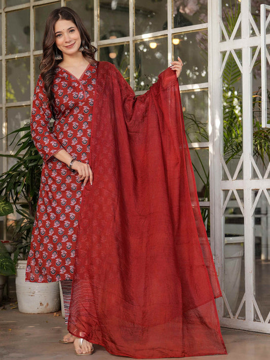 VARNI FABRICS Ethnic Motifs Printed V-Neck Kurta With Trousers & Dupatta