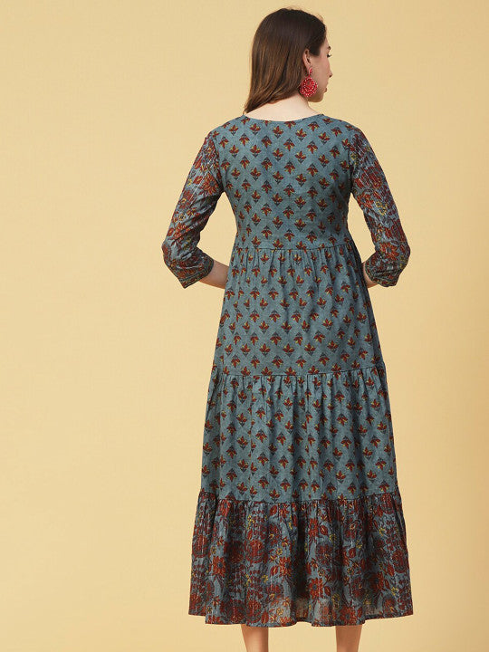 FASHOR Ethnic Motifs Printed Tie Up Neck Embroidered Fit & Flare Cotton Maxi Dress