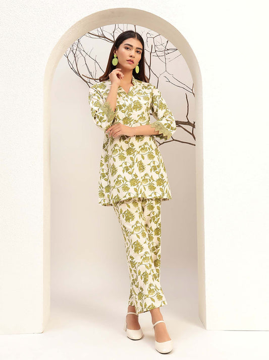 Green Floral Printed V-Neck Casual Co-Ord (Set of 2)