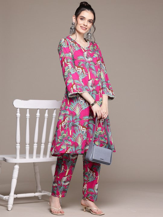Floral Printed Pure Cotton Tunic with Trousers