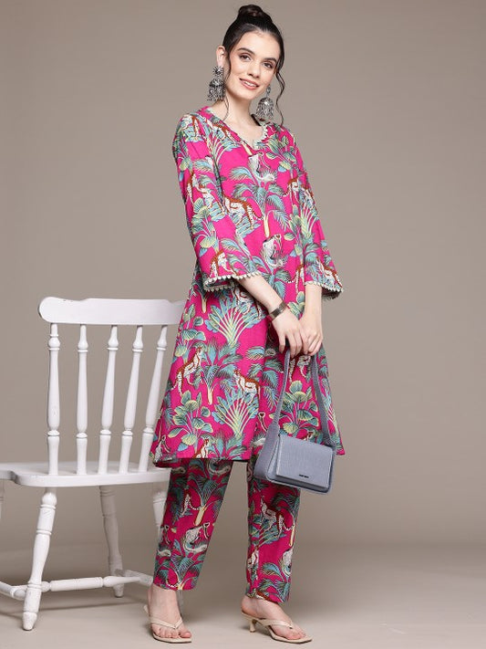 Floral Printed Pure Cotton Tunic with Trousers