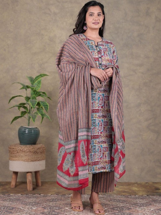Aramya Women Paisley Printed Cotton Kurta with Palazzos & Dupatta