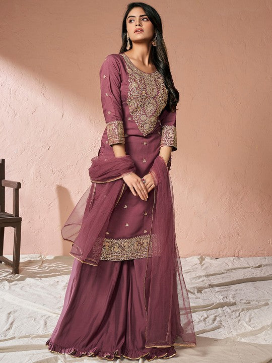 Inddus  Floral Yoke Design Regular Chanderi Cotton Kurta