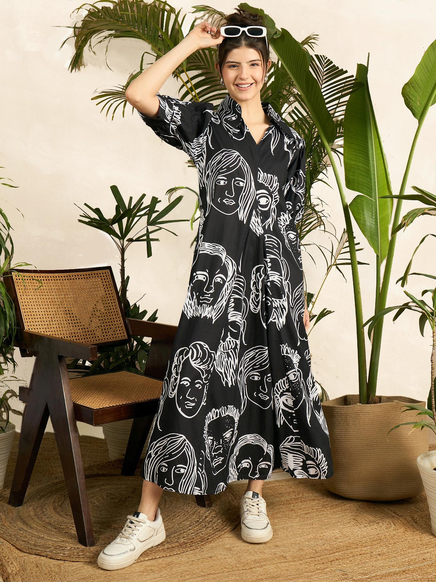 Women Black Cotton Printed Midi Dress