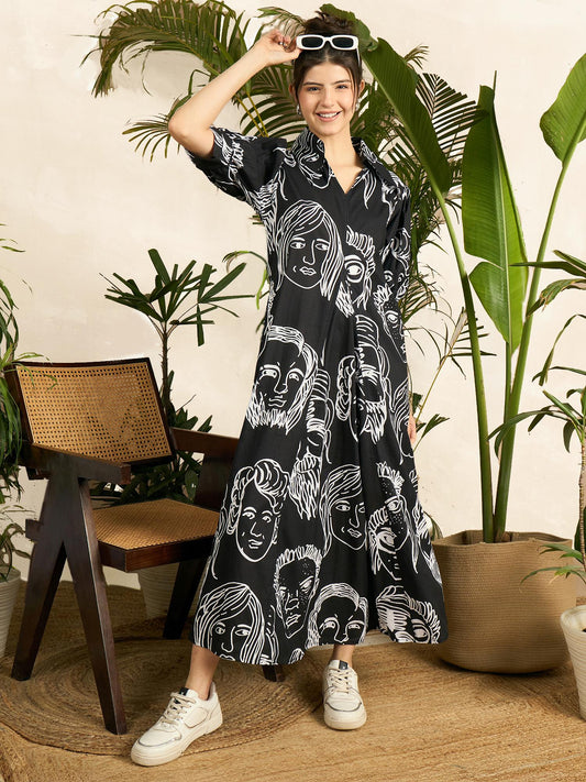 Women Black Cotton Printed Midi Dress