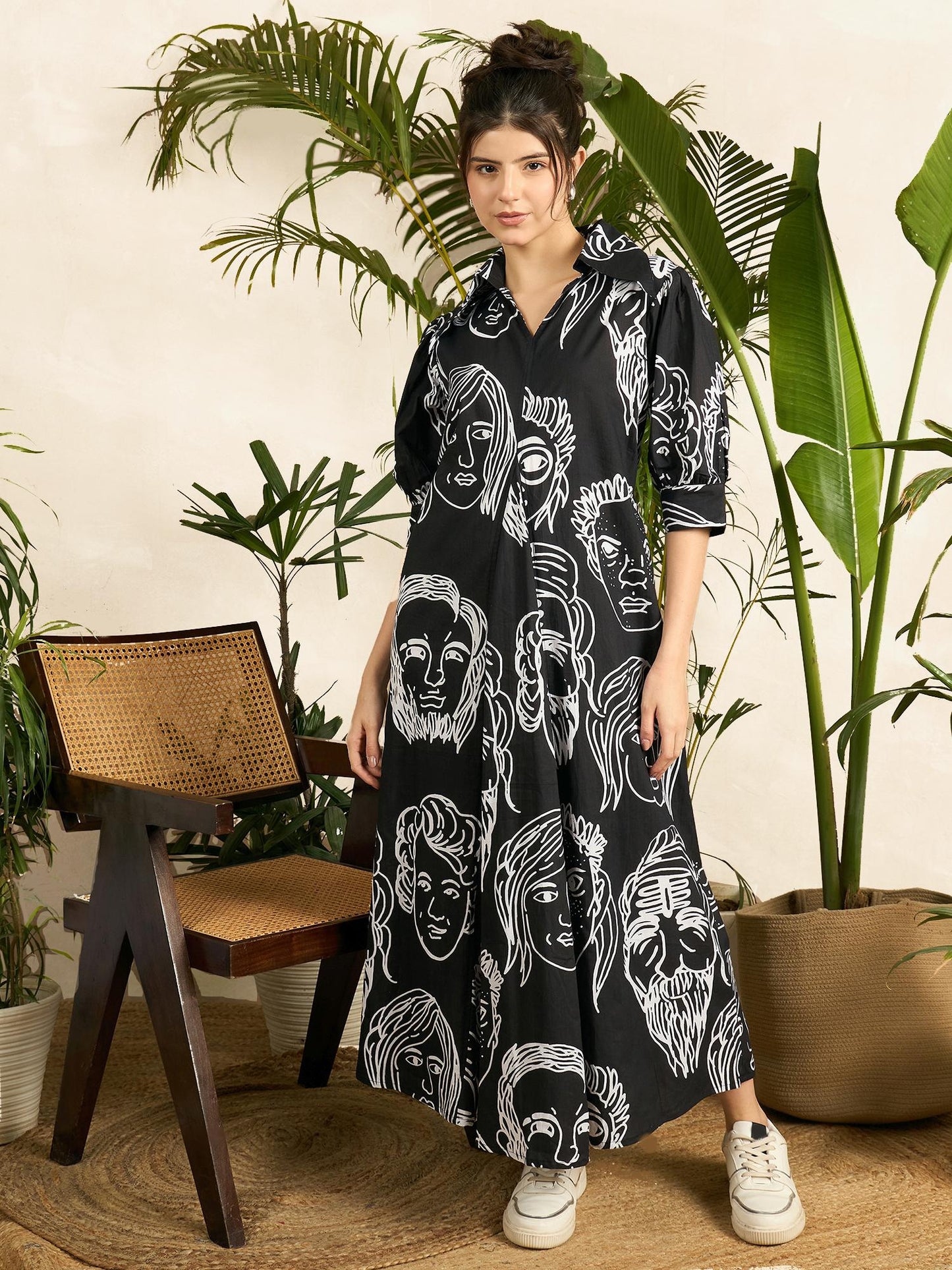 Women Black Cotton Printed Midi Dress