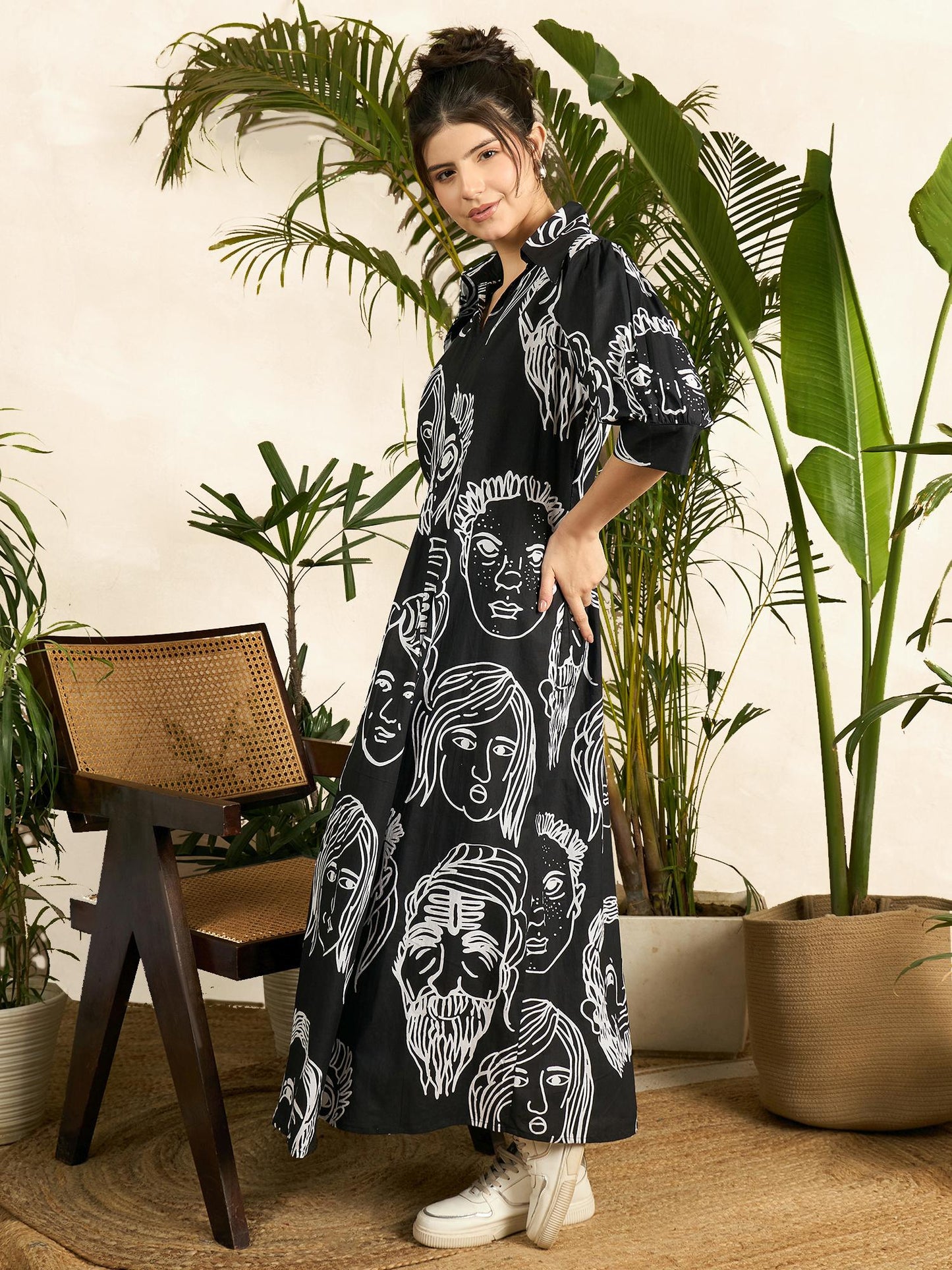 Women Black Cotton Printed Midi Dress
