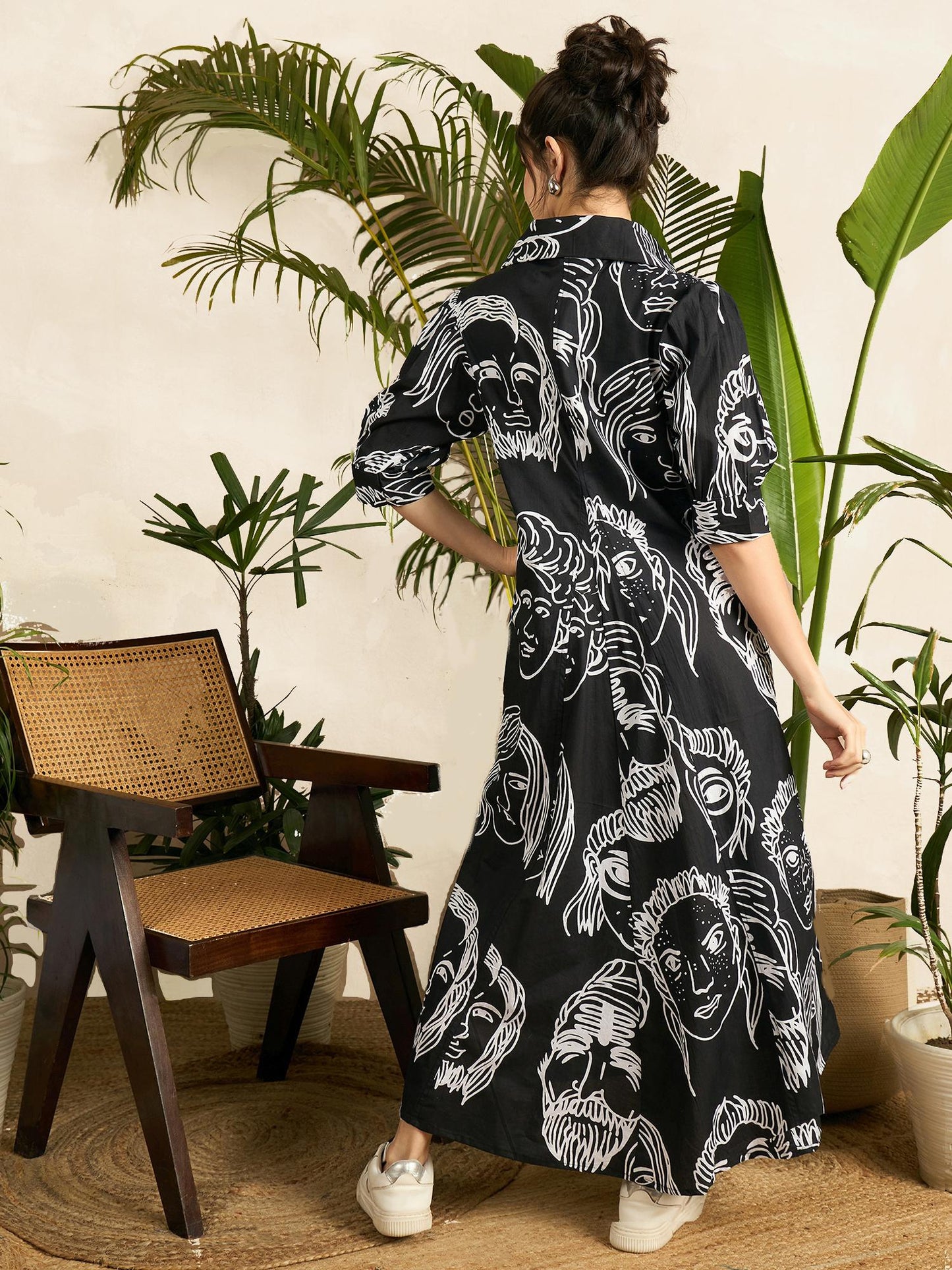 Women Black Cotton Printed Midi Dress