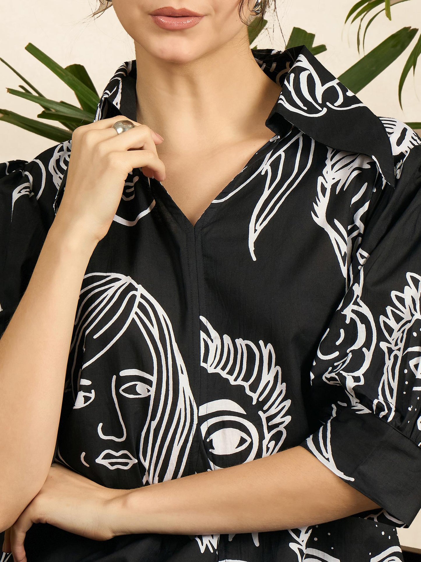 Women Black Cotton Printed Midi Dress
