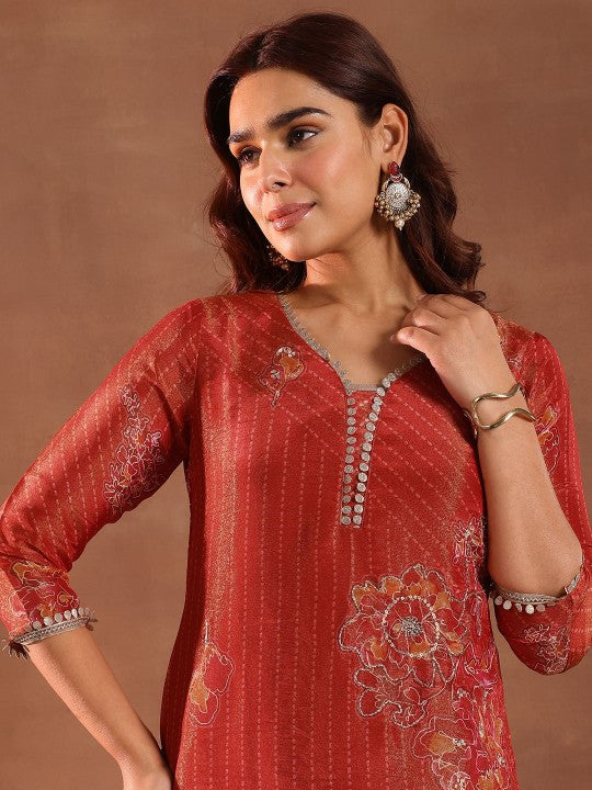 Floral Printed Sequinned Straight Kurta