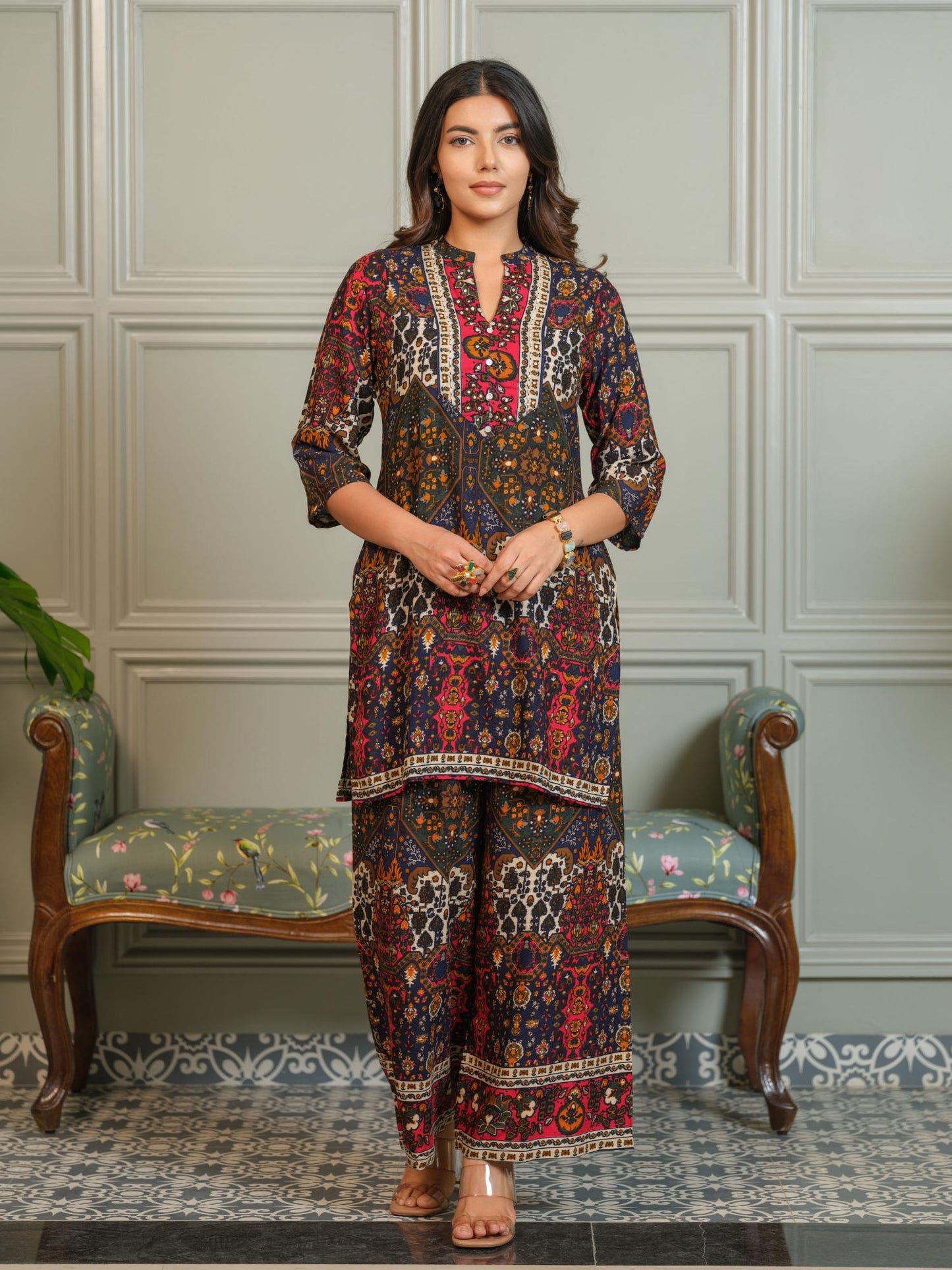 Womens Ajrak Print Co-Ord with Kurta and Palazzo - Green (Set of 2)