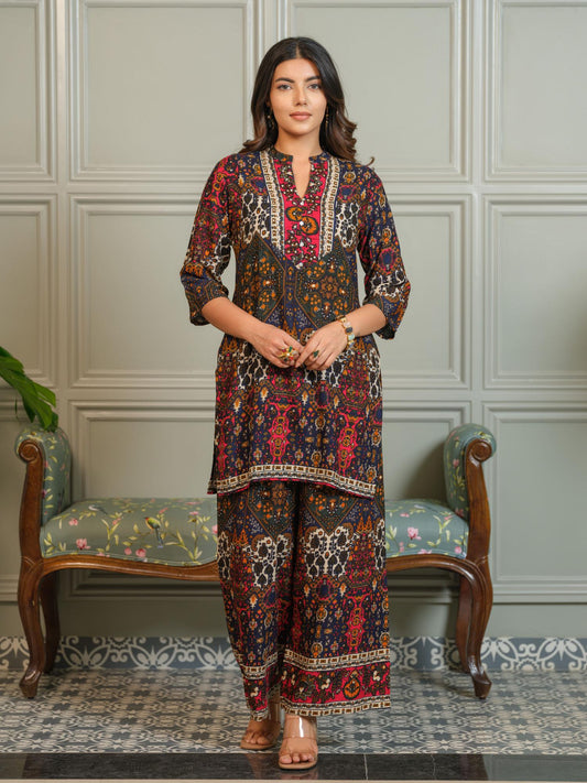 Womens Ajrak Print Co-Ord with Kurta and Palazzo - Green (Set of 2)