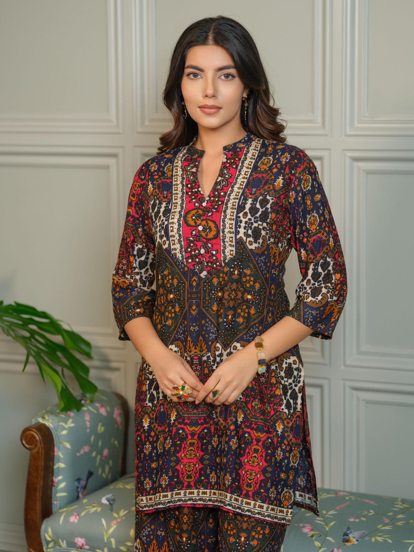 Womens Ajrak Print Co-Ord with Kurta and Palazzo - Green (Set of 2)