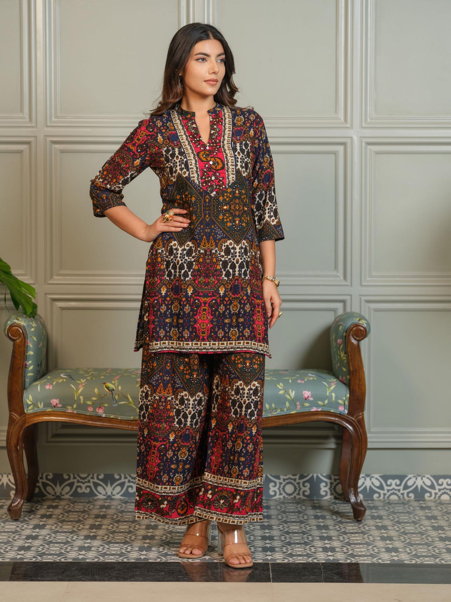 Womens Ajrak Print Co-Ord with Kurta and Palazzo - Green (Set of 2)