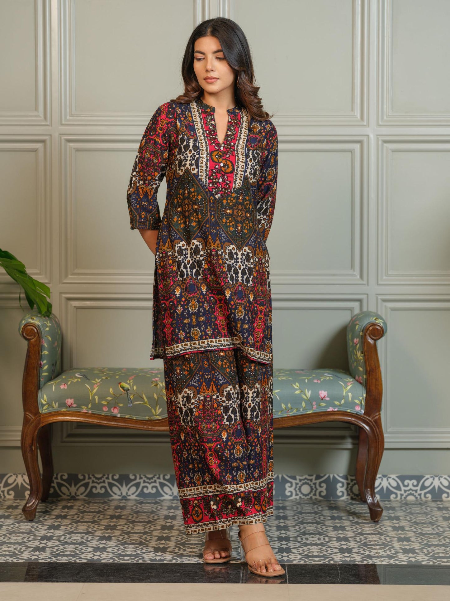 Womens Ajrak Print Co-Ord with Kurta and Palazzo - Green (Set of 2)