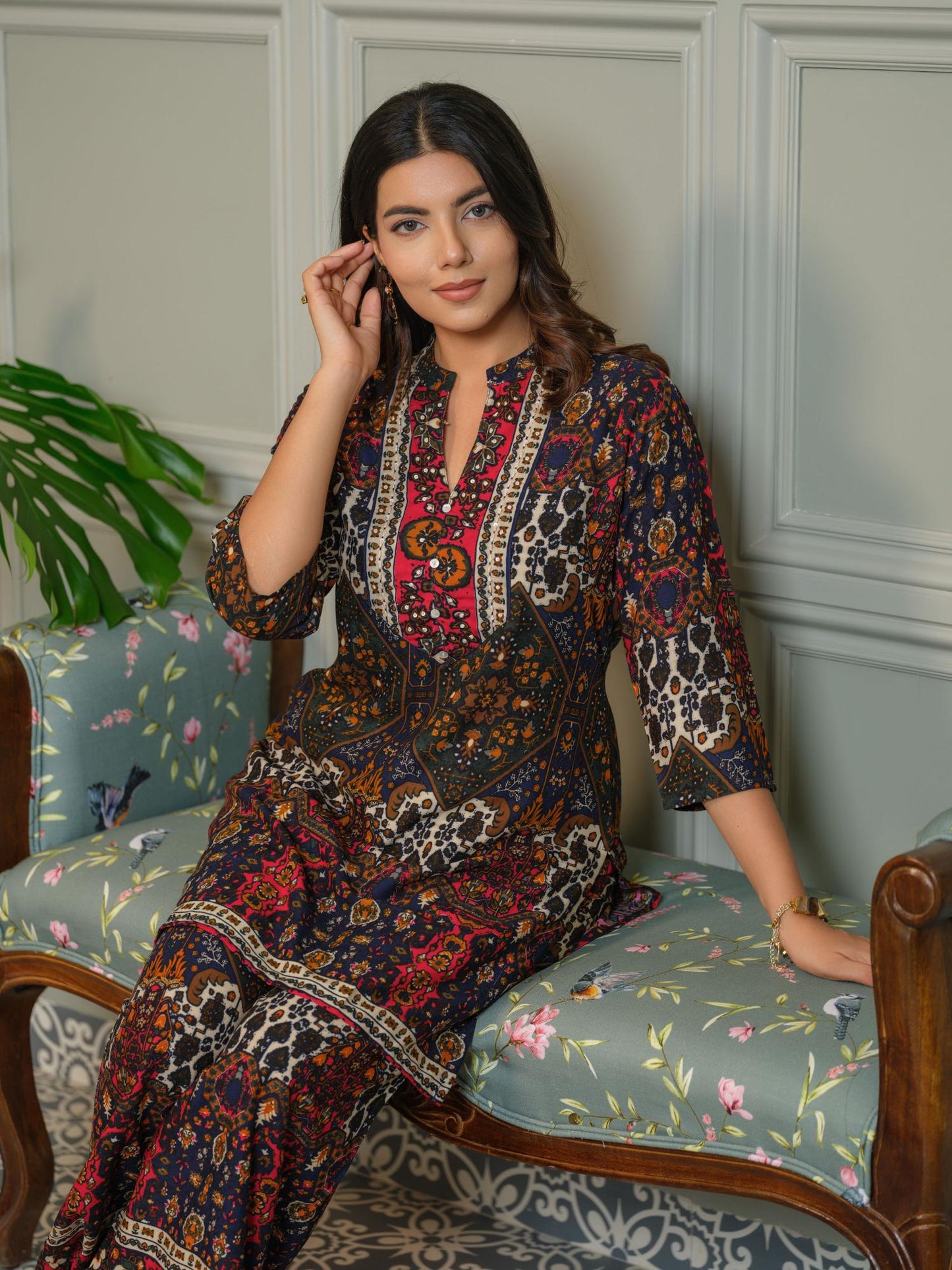 Womens Ajrak Print Co-Ord with Kurta and Palazzo - Green (Set of 2)