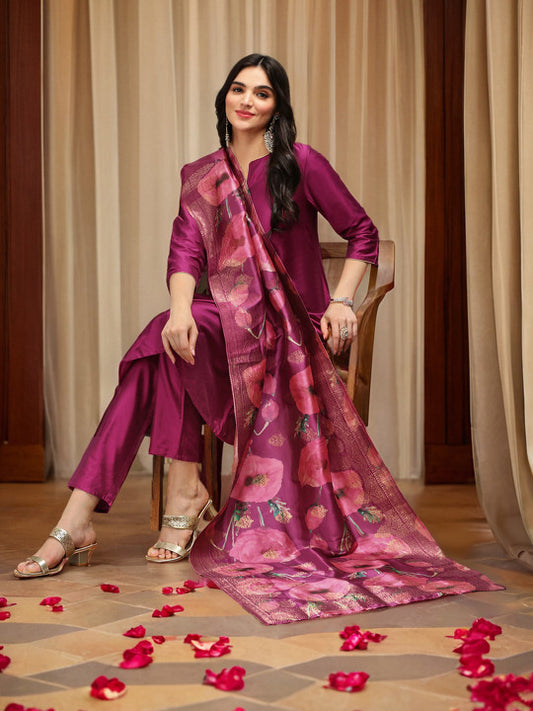 Ishin Notch Neck Silk Crepe Straight A-Line Kurta with Trousers & Dupatta