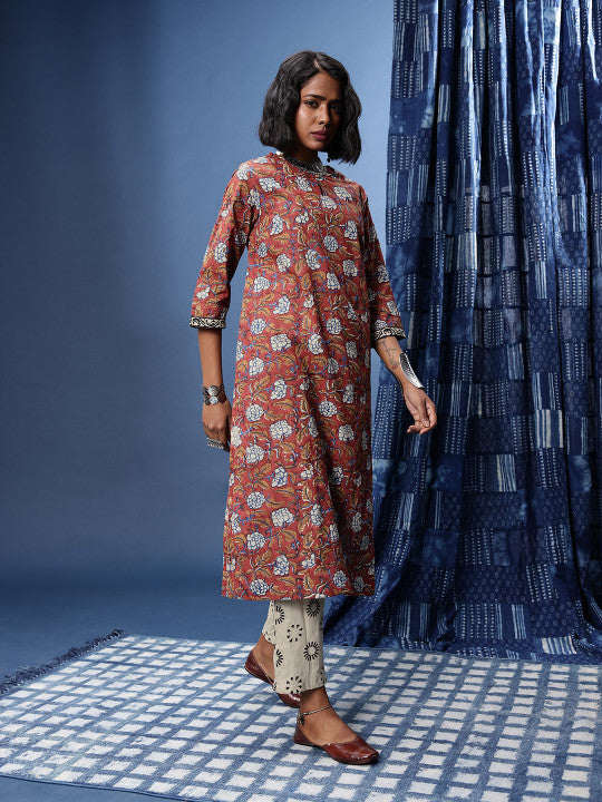 Taavi Indie Floral Block Printed Keyhole Neck Straight Bagru Kurta with Trousers & Dupatta