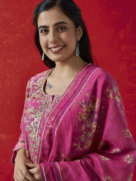 Heritage Floral Printed Round Neck Zari Pure Cotton Straight Kurta & Trouser With Dupatta