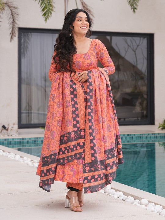 Tanhai Women Floral Printed Regular Pure Cotton Anarkali Kurta with Trousers & Dupatta