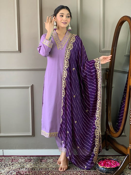 JAPNAAM Embroidered V Neck Chanderi Silk Kurta With Trousers & Dupatta