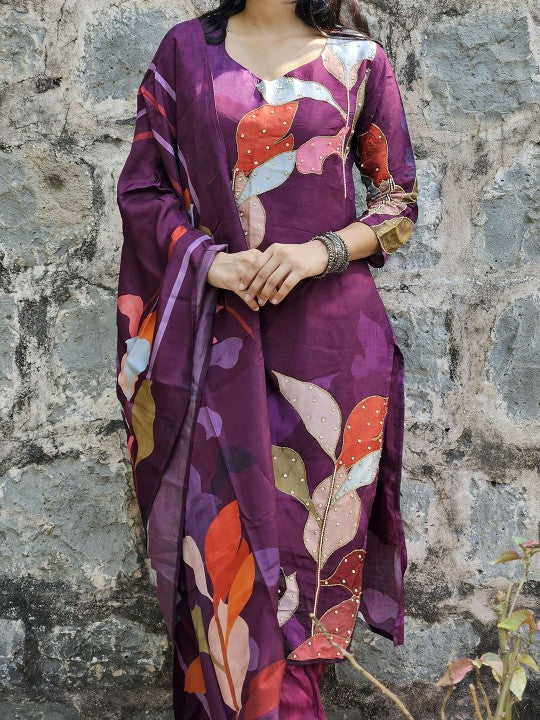 Amodra Women Floral Embroidered Beads and Stones Pure Cotton Kurta with Trousers & Dupatta