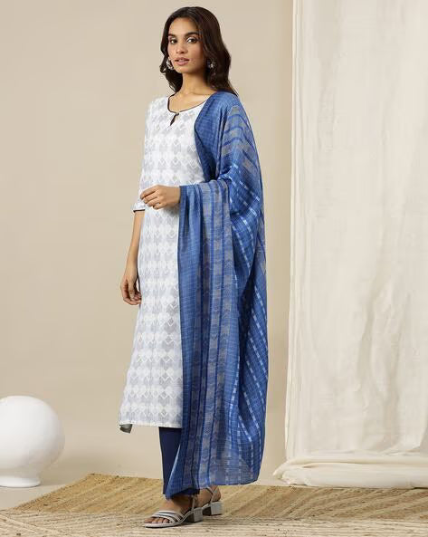 Women Geometric Print Straight Kurta with Palazzos & Dupatta