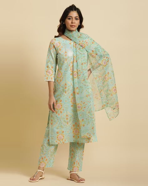 Women Floral Print Straight Kurta with Pants & Dupatta
