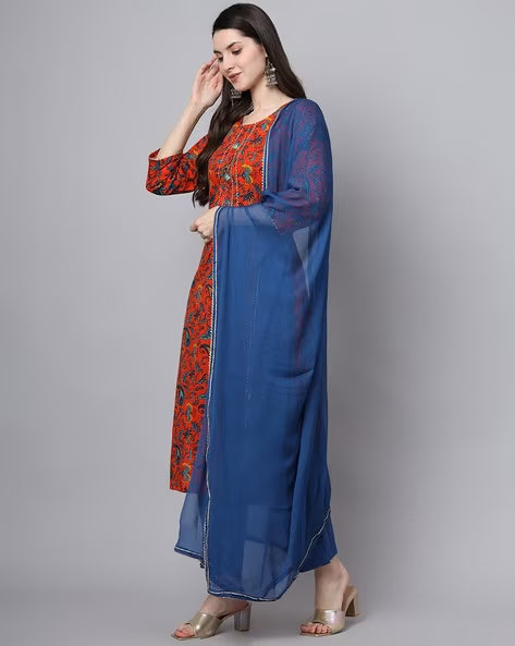 Women Floral Print Straight Kurta Set with Dupatta