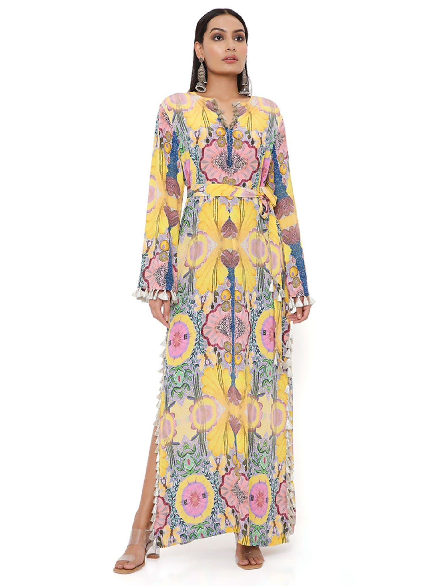 Yellow Enchanted Print Crepe Long Beyza Kaftan with Belt (Set of 2)