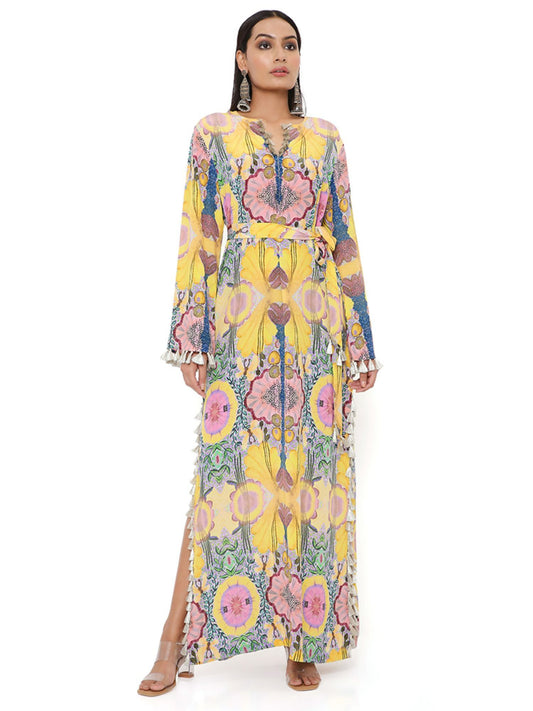 Yellow Enchanted Print Crepe Long Beyza Kaftan with Belt (Set of 2)