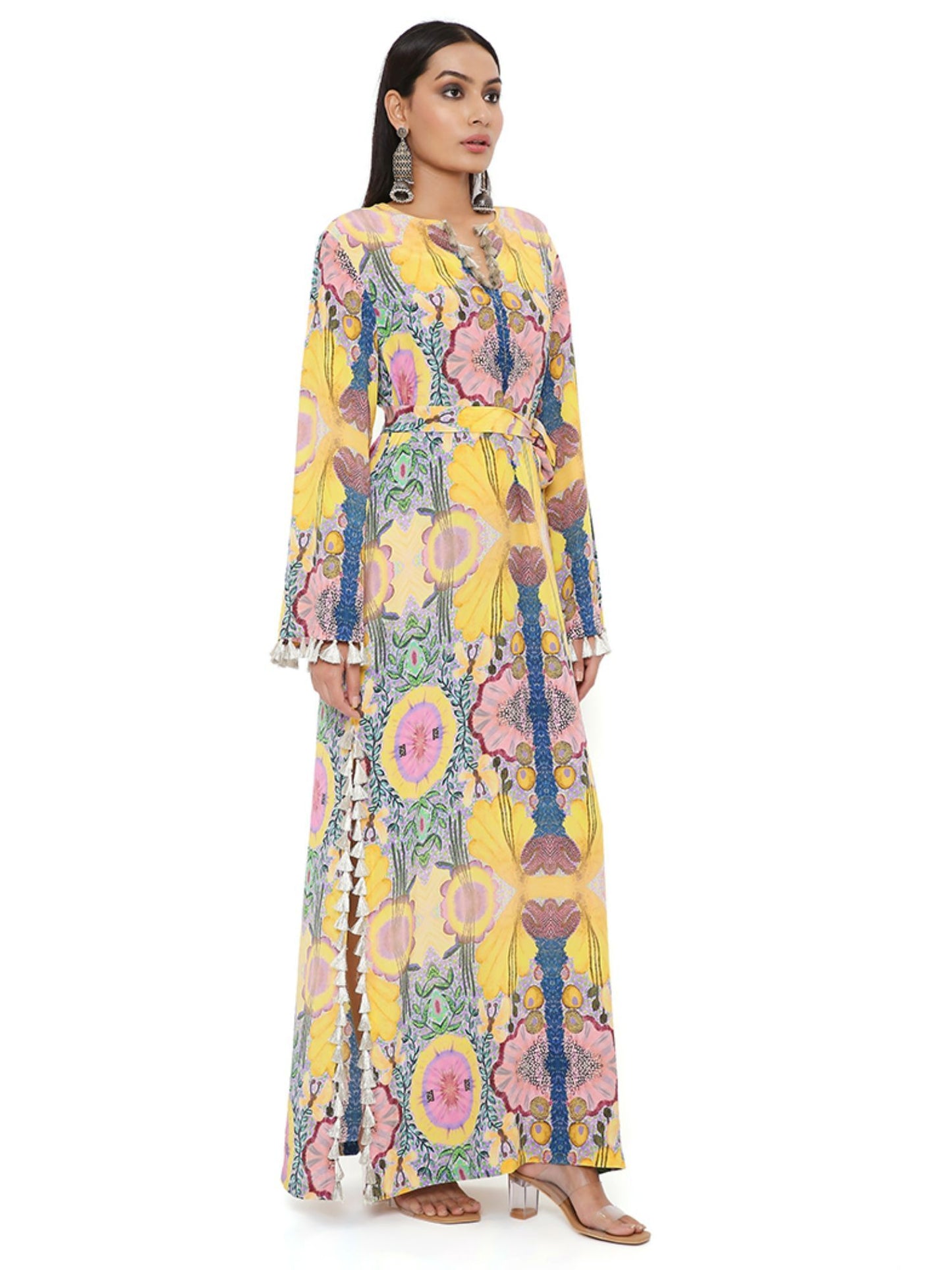 Yellow Enchanted Print Crepe Long Beyza Kaftan with Belt (Set of 2)