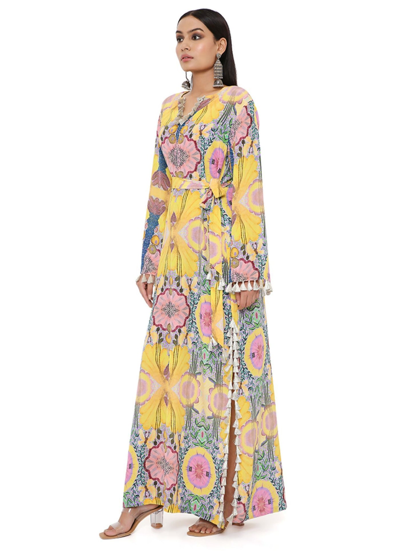 Yellow Enchanted Print Crepe Long Beyza Kaftan with Belt (Set of 2)