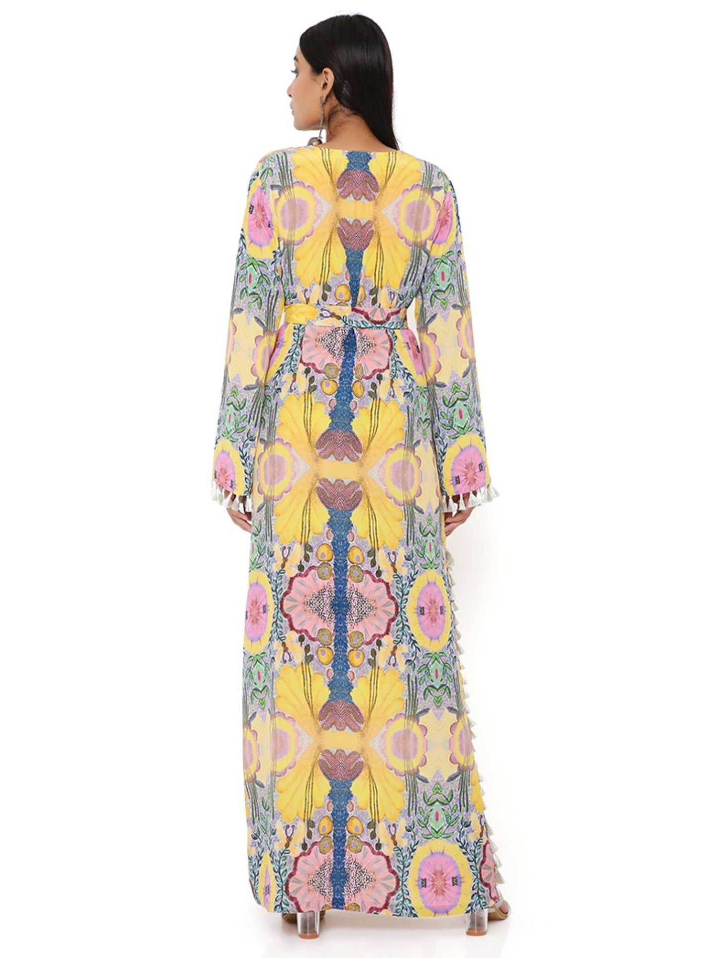 Yellow Enchanted Print Crepe Long Beyza Kaftan with Belt (Set of 2)