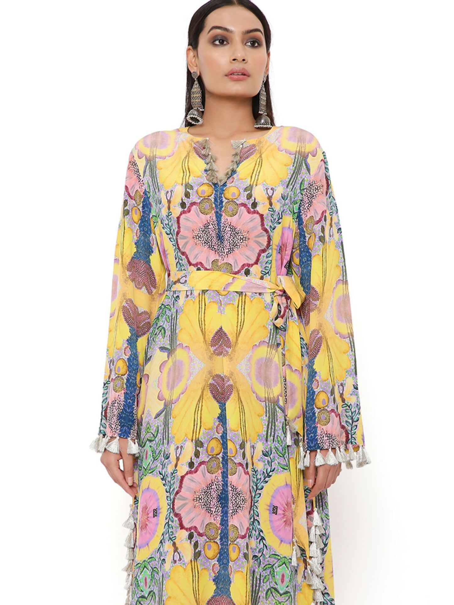 Yellow Enchanted Print Crepe Long Beyza Kaftan with Belt (Set of 2)