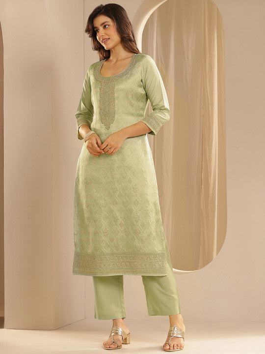Floral Woven Design Zari Straight Kurta With Trousers And Dupatta