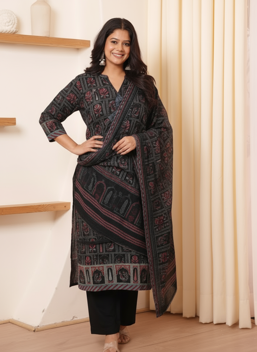Viscose Peacock Straight Black Kurta
