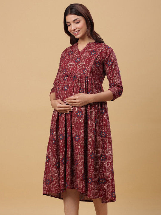 CRAFIQA Ethnic Motif Printed Maternity Empire Midi Cotton Dress