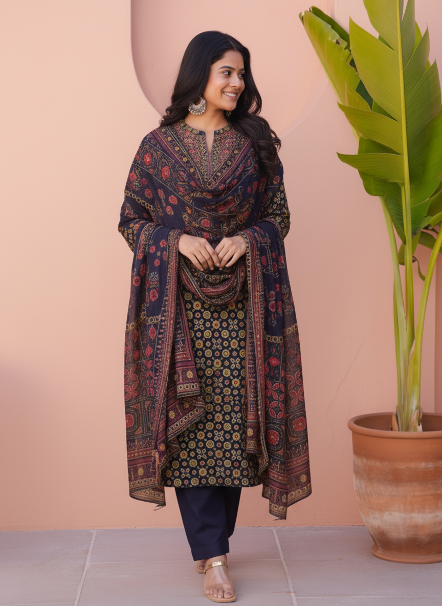 Embroidered Soft Cotton Geometric Straight Purple Kurta
