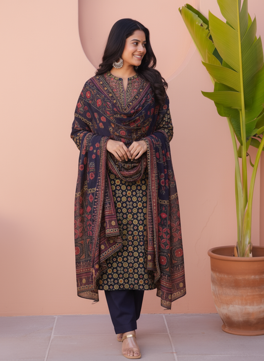 Embroidered Soft Cotton Geometric Straight Purple Kurta