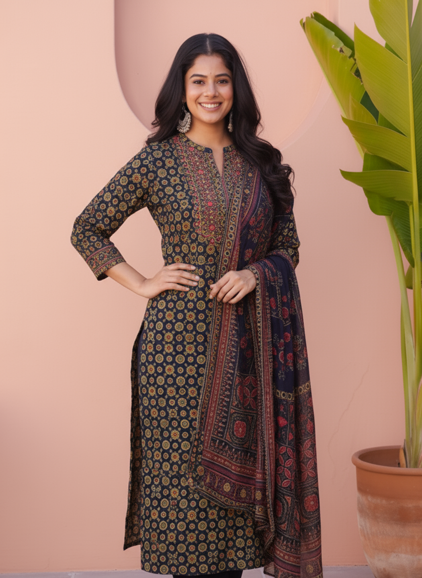 Embroidered Soft Cotton Geometric Straight Purple Kurta